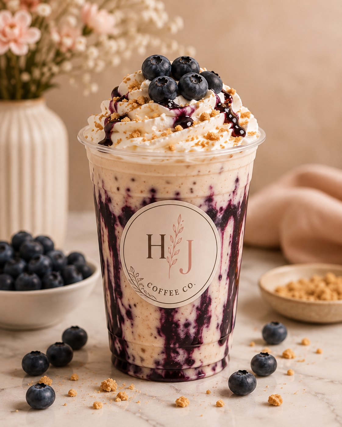Blueberry Cheesecake iced coffee with whipped cream, blueberries and graham crumble