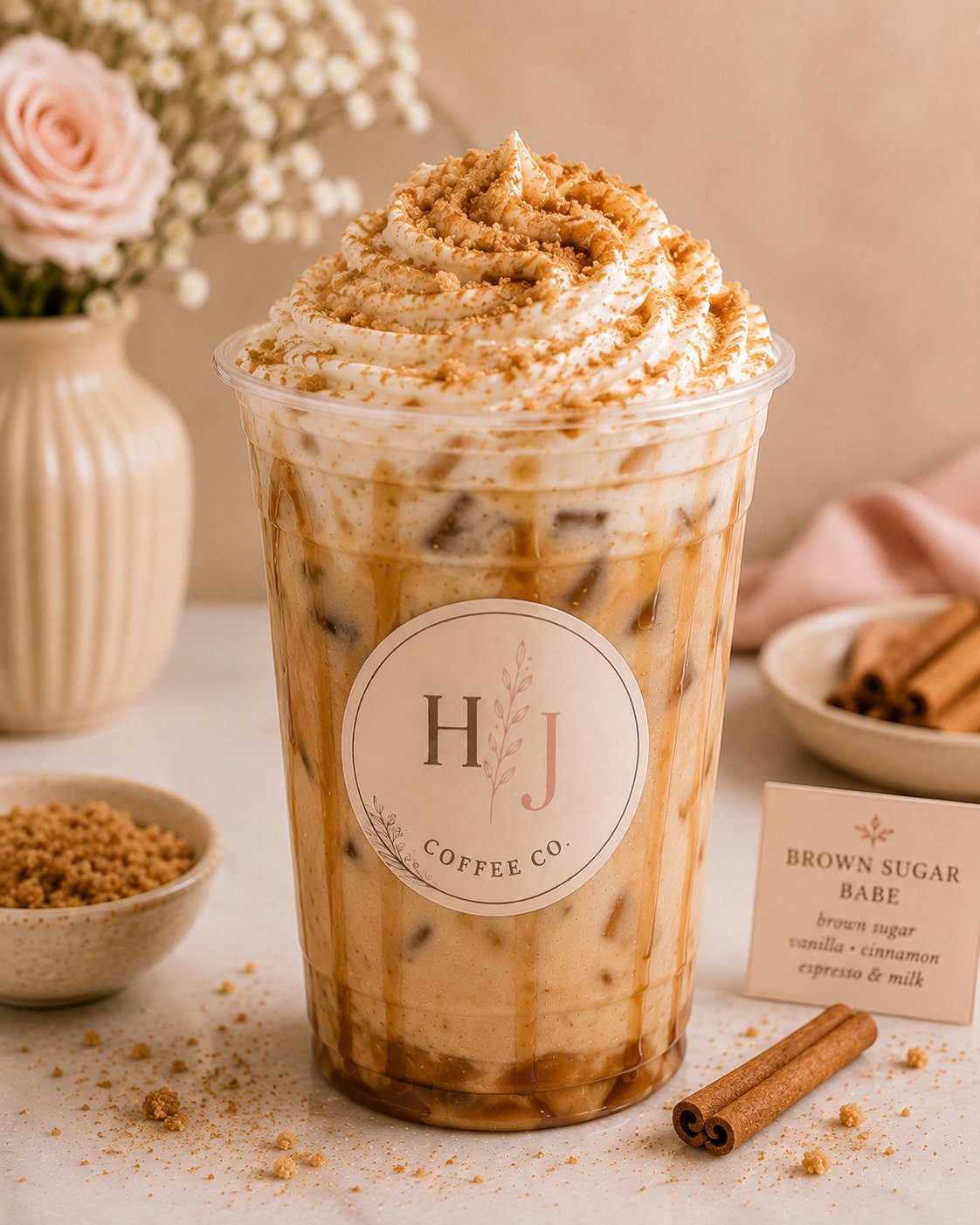 Brown Sugar Babe iced coffee with whipped cream, brown sugar crumble and cinnamon