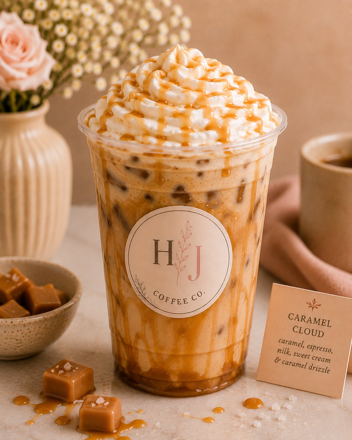 Caramel Cloud iced coffee with whipped cream, caramel drizzle and sea salt