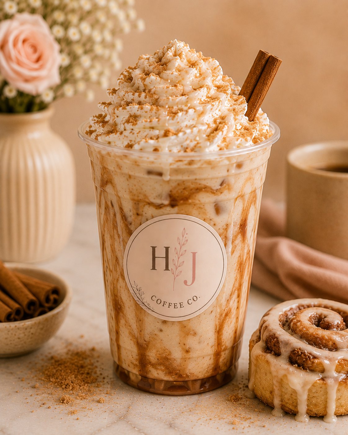 Cinnamon Roll iced coffee with whipped cream, cinnamon-sugar crumble and a cinnamon stick