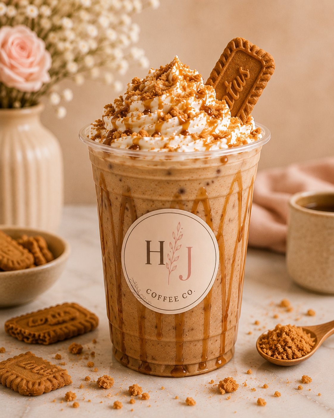 Cookie Butter Bliss iced coffee with whipped cream, a Biscoff cookie and caramel drizzle