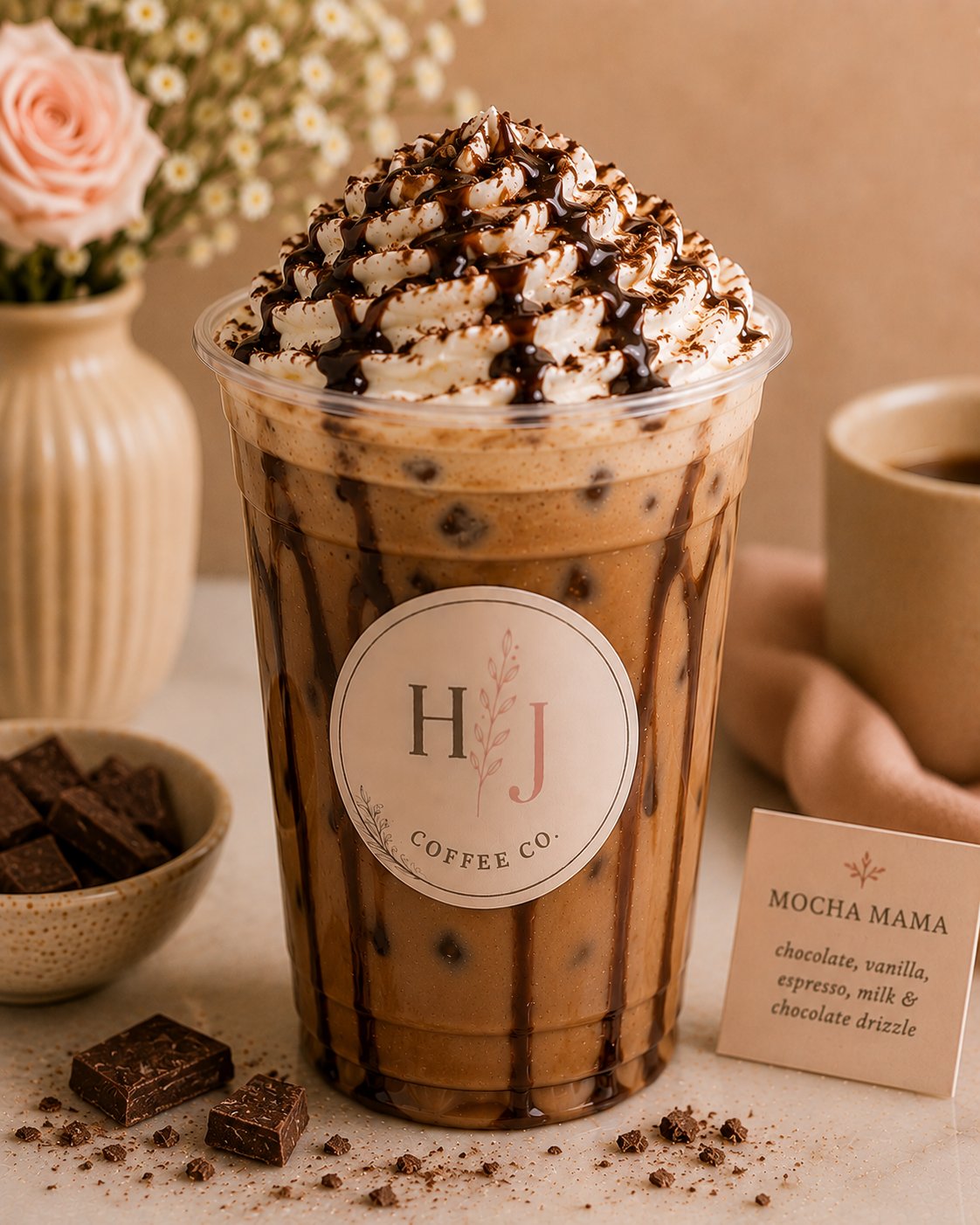 Mocha Mama iced coffee with chocolate drizzle and whipped cream