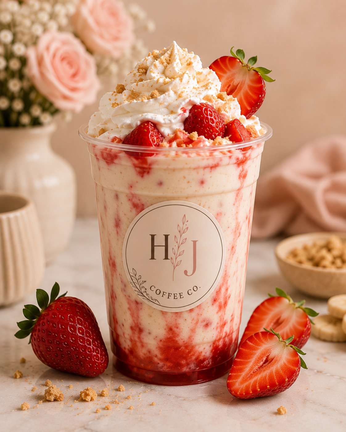 Strawberry Shortcake iced coffee with whipped cream, fresh strawberries and shortcake crumble