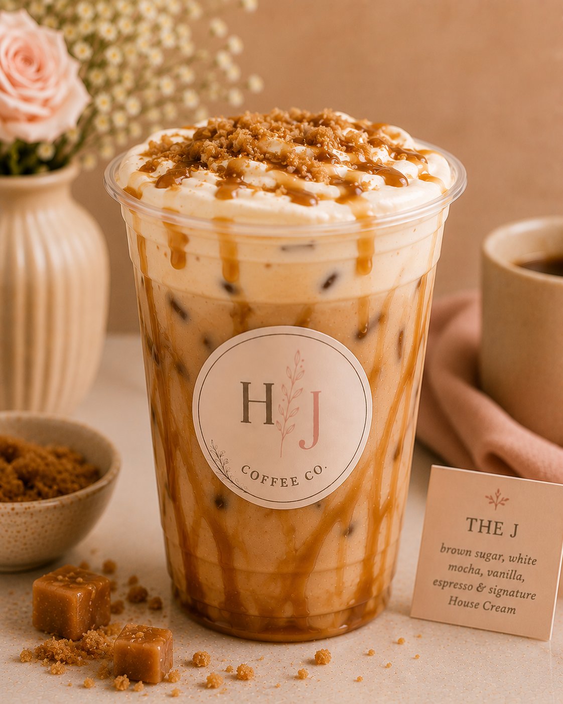 The J signature iced coffee with whipped cream, brown sugar crumble and caramel drizzle
