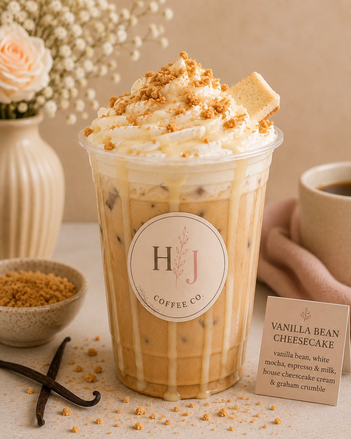 Vanilla Bean Cheesecake iced coffee with whipped cream, graham crumble and a cheesecake bite