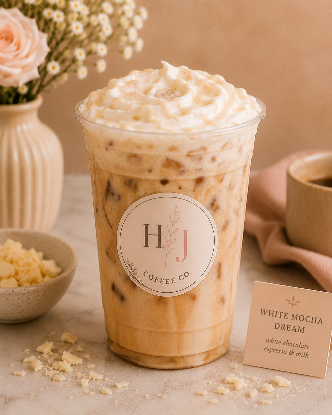 White Mocha Dream iced coffee with whipped cream and caramel drizzle