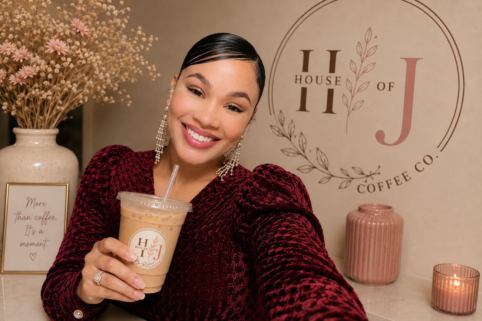 Jasmine, founder of House of J Coffee Co., holding a House of J signature iced coffee