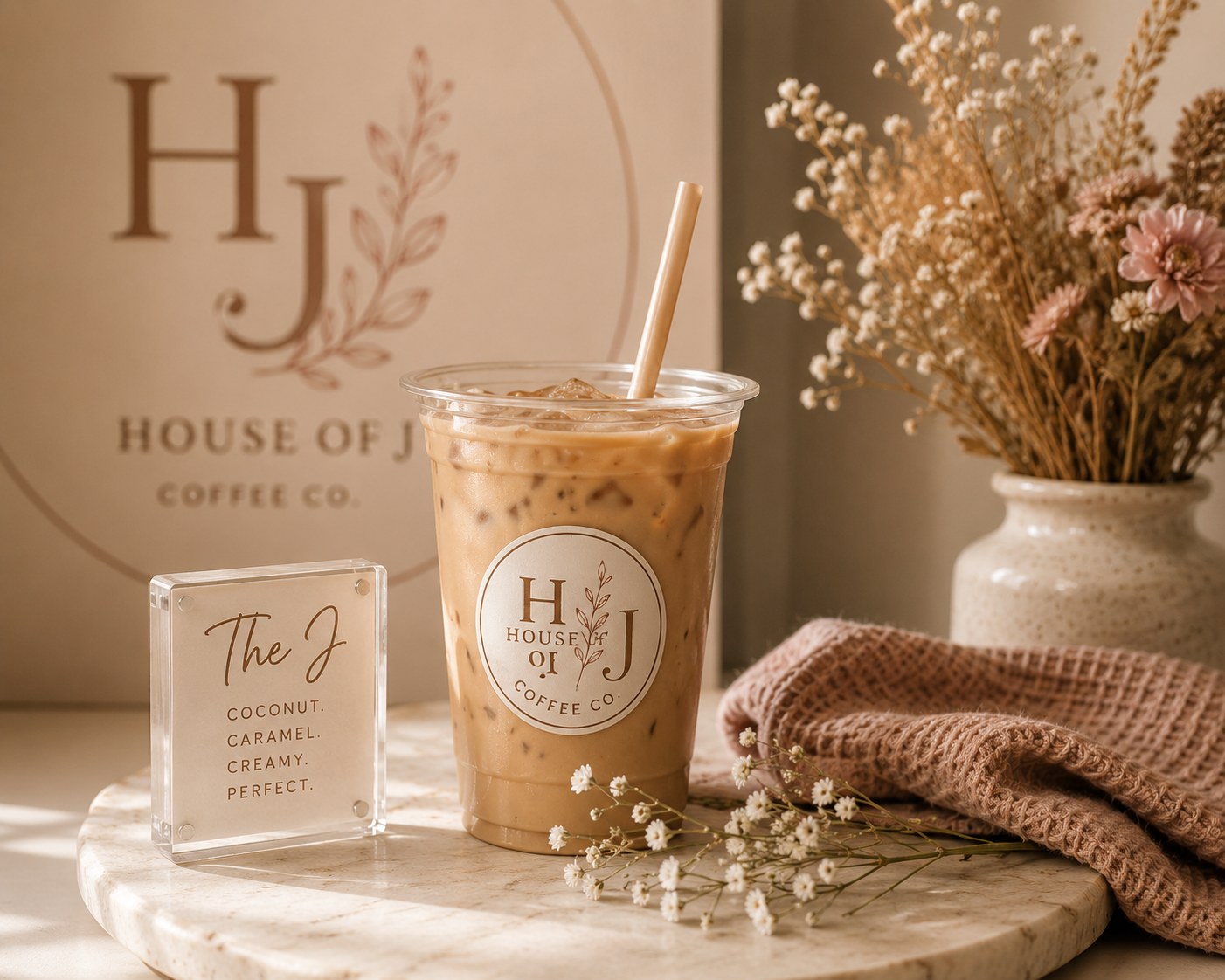 House of J Coffee Co. branded signage with The J signature iced coffee on a marble table